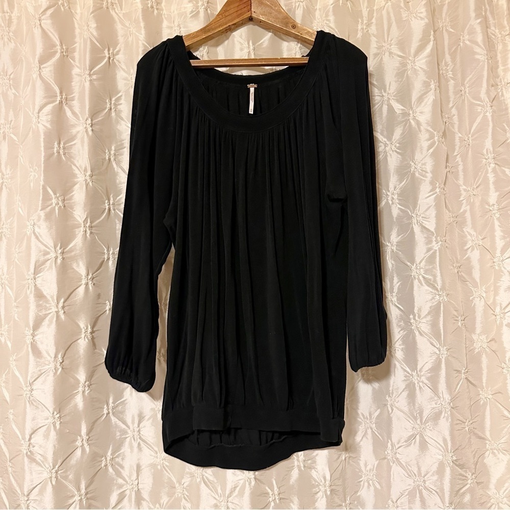 Free People Black Scoop Neck Pleated Balloon Puff Sleeve Blouse Top